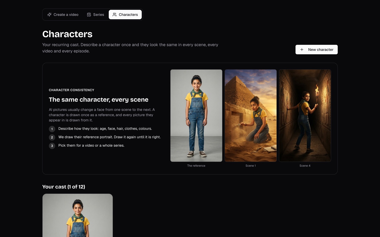 The Characters page: a drawn girl as the reference portrait, then the same girl in two scenes