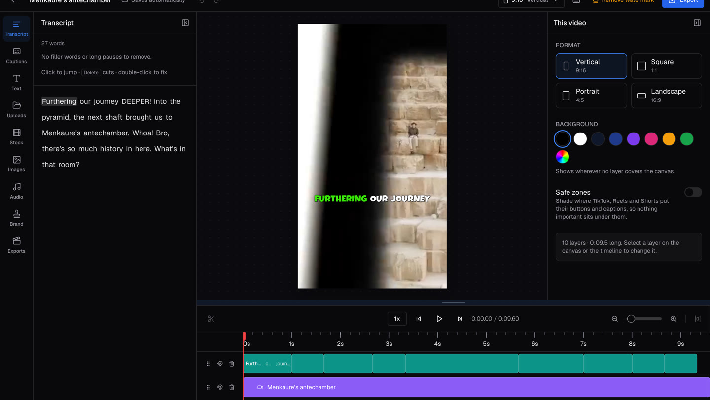 The Clip-Short editor: the transcript on the left, the vertical stage with a caption in the middle, format and background on the right, the timeline below
