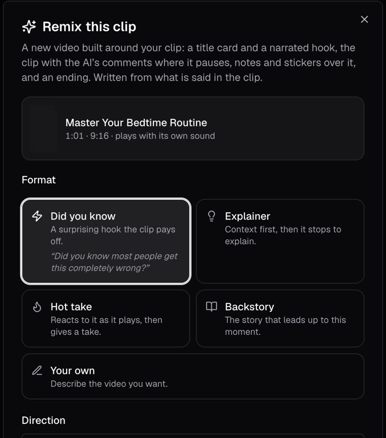 The Remix dialog: a format to pick, a direction, and how much the AI comments